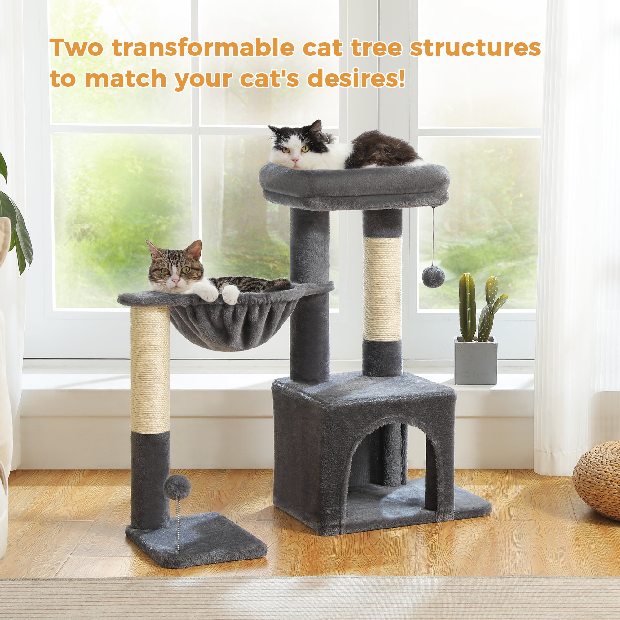 PAWZ Road Cat Tree 29.5" Sisal Cat Scratching Posts Tower Hammock Top Perch for Indoor Cats,Dark Gray