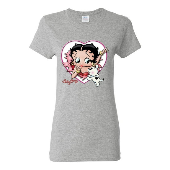 Wild Bobby Betty Boop Heart Blowing Kiss Dog Betty Boop Womens T-Shirt, Heather Grey, X-Large