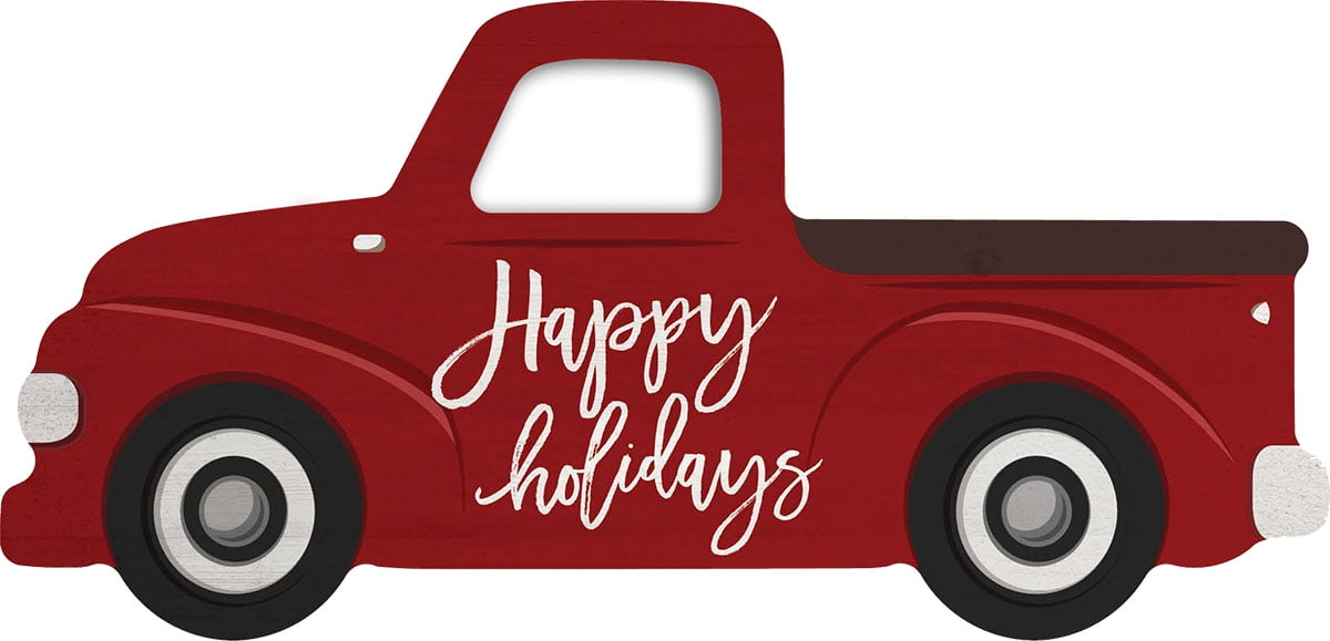 Happy Holidays Truck Rosy Red 8 x 7.2 Wood Christmas Decorative Shape Sign 
