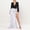 White, variant on Women's 2-Piece Maxi Dress Set Deep V Neck Long Sleeve Bodysuit with Asymmetrical Tiered Tulle Ruffle High Slit Train Skirt