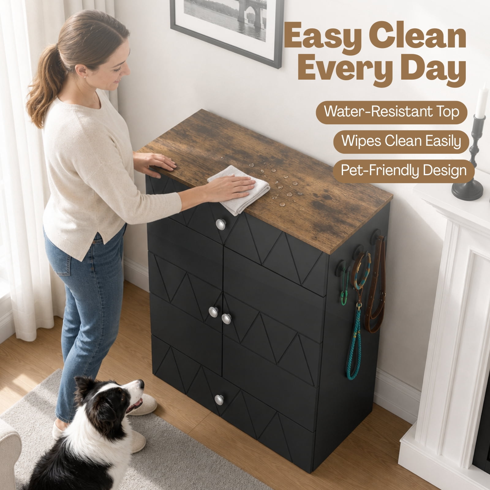Advwin Pet Feeding Station Furniture with 2 Elevated Dog Bowls, Dog Food Storage Cabinet with Drawer, Adjustable Shelves & Hooks, Black