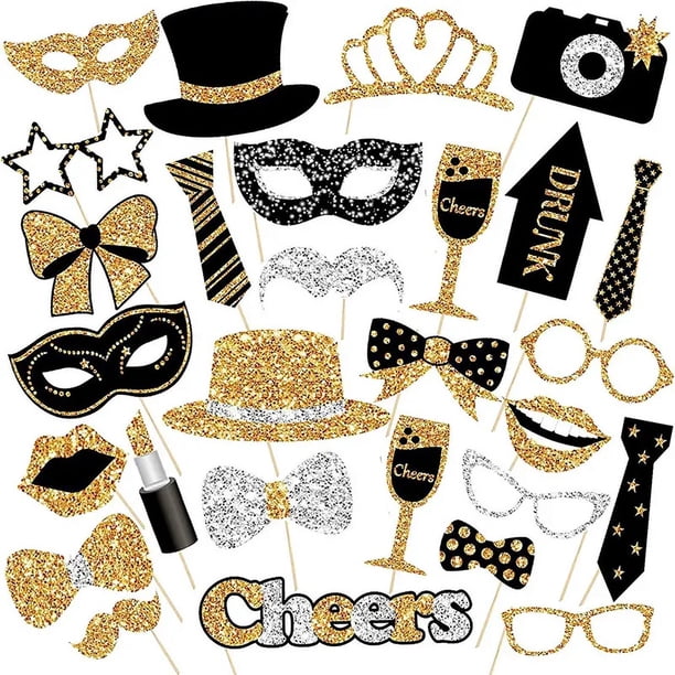 Kit de accesorios para fotomatón de cumpleaños - Suministros para regalos de fiesta de feliz cumpleaños Conjunto de decoración de fiesta con diseños lindos de cumpleaños con brillo real para