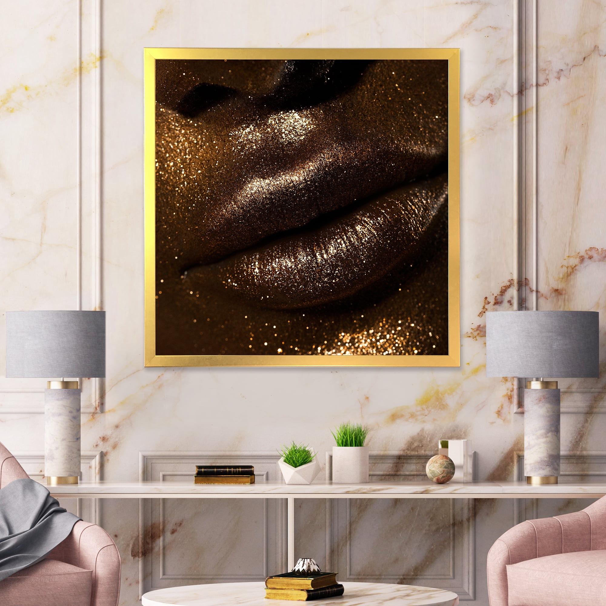 Designart 'Girl Lips With Glitter and Spangle' Modern Framed Art Print