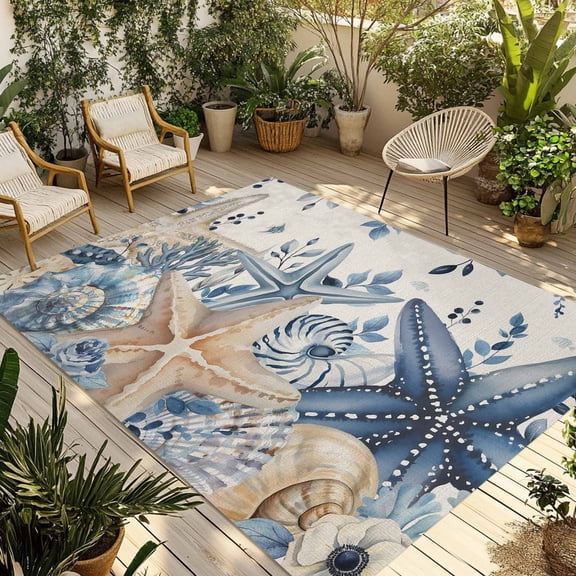 Blue Starfish Coastal Outdoor Rug for Patio/Deck/Porch, Non-Slip Large Area Rug 5 x 8 Ft, Eucalyptus Summer Nautical Shell Rustic Indoor Outdoor Rugs Washable Area Rugs, Camping Rug Carpet Runner