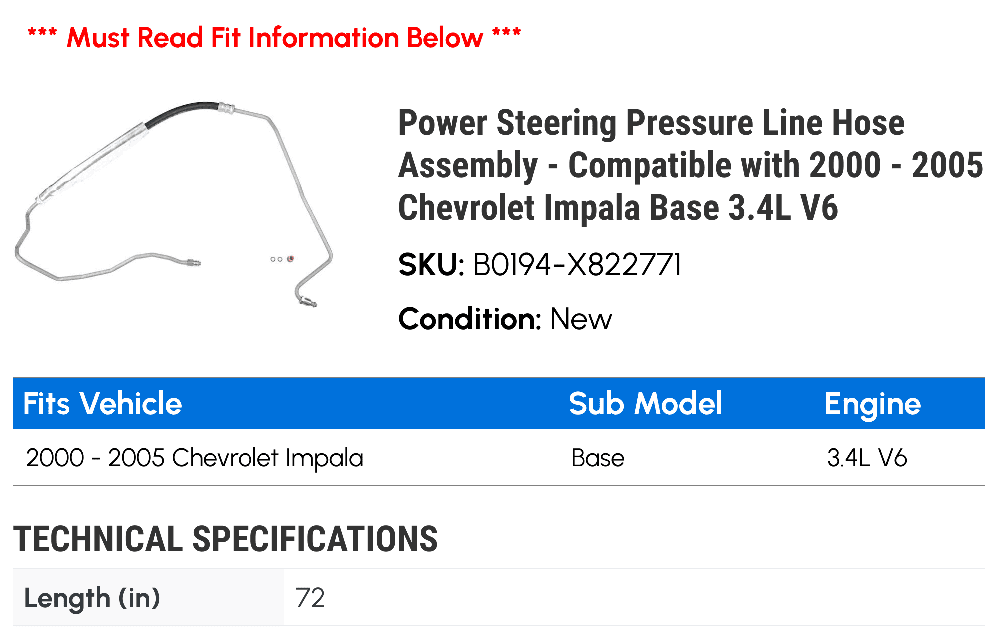 Power Steering Pressure Line Hose Assembly - Compatible with 2000 - 2005 Chevy Impala Base 3.4L V6 2001 2002 2003 2004