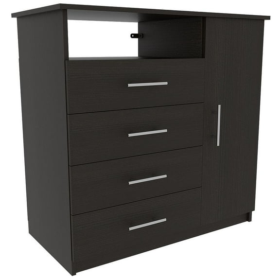 DEPOT E-SHOP Rioja 4 Drawer Dresser, One Open Shelf, Superior Top, Single Door Cabinet, Black