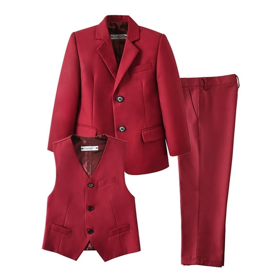 3-Piece Boys' Slim Fit Wine Red Formal Suit for Wedding Including Blazer Vest and Pants
