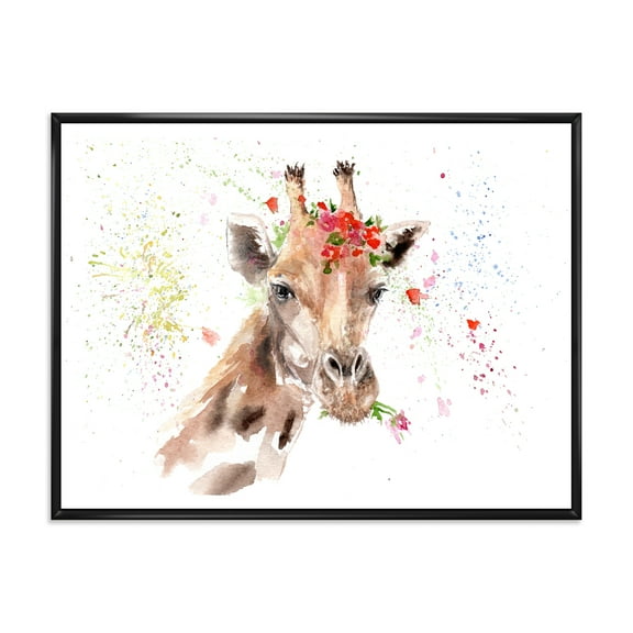 Designart 'Portrait of A Giraffe With Red Flowers II' Farmhouse Framed Canvas Wall Art Print