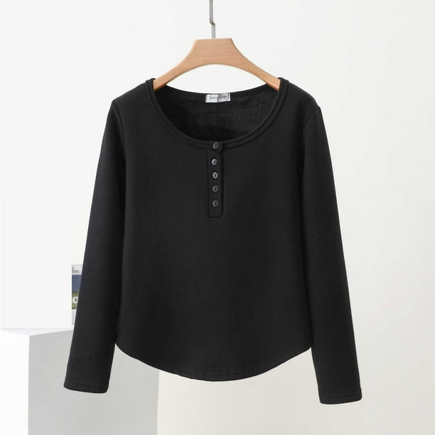 Pijama de manga larga para mujer, color liso, con botones, cuello redondo, manga larga, dobladillo inferior, abrigo cálido de terciopelo, pijama de manga larga, parte superior de poliéster para mujer