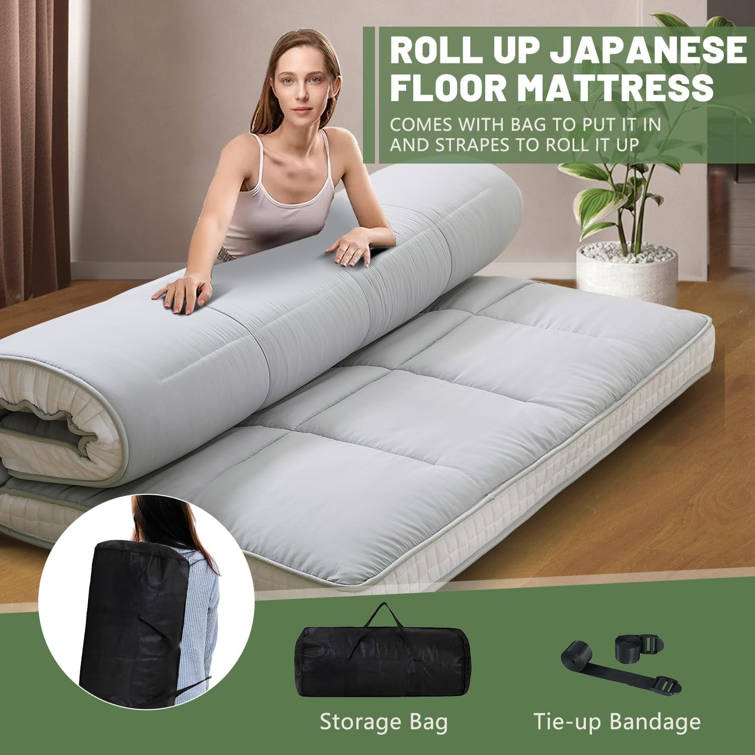ABORON Futon Mattress Full Size 5" Thicken Japanese Floor Mattress Folding Guest Mattress Protable Roll up Mattress Soft Memory Foam Tatami Mat Sleeping Pad for Bedroom Camping Tent