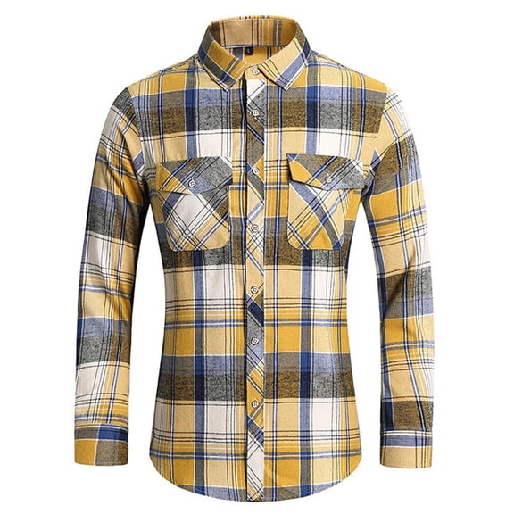 Felirenzacia George Men and Big Men's Classic Plaid Cotton Shirt, Double Pocket Tartan Long Sleeve Fitted Dress Shirt for Daily Workwear,Yellow,XL