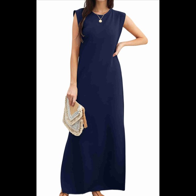 Vestido Maxi de Verano 2025 para Mujer, Informal, Holgado, con Abertura, Sin Arrugas, , con Cuello Redondo y Bolsillos, Azul Marino L