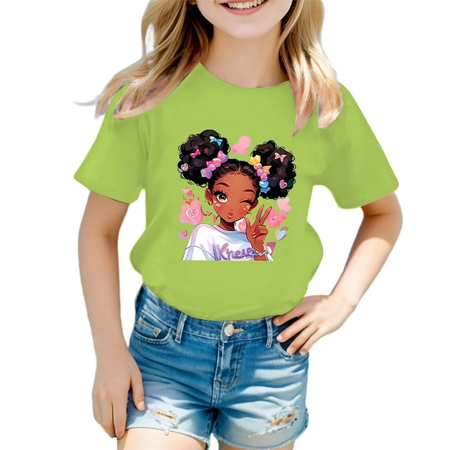 MEZZALL T-Shirt Graphique Mignon pour Fille, Col Rond, Manches Courtes, Tee d'Été Décontracté, T-Shirts Hauts, Vert Pâle, 9-10 Ans