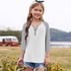 thumbnail image 3 of Cowsor Girl's Casual 3/4 Sleeve T Shirts Button V Neck Tunic Blouses Color Block Basic Tee Tops Loose Fit Summer Shirt, 3 of 6