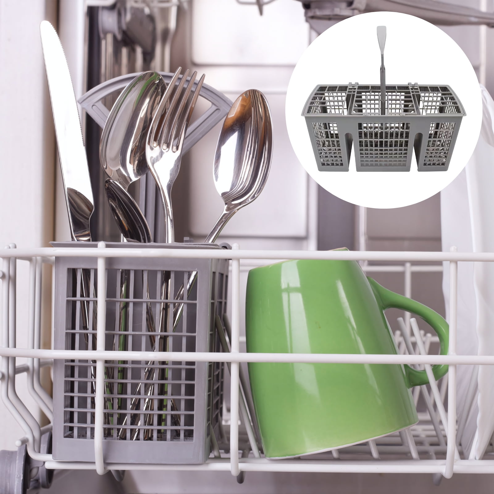 2 Pcs Dishwasher Knife and Fork Basket Replacement, 2 Pack Utensil Basket Compatible with Siemens Bosch, 3 Compartments with Handle, PP Plastic