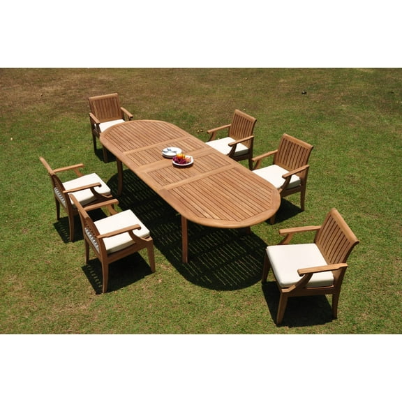 Grade-A Teak Dining Set: 6 Seater 7 Pc: 118" Double Extension Oval Table And 6 Lagos Arm Chairs Outdoor Patio WholesaleTeak #WMLGr