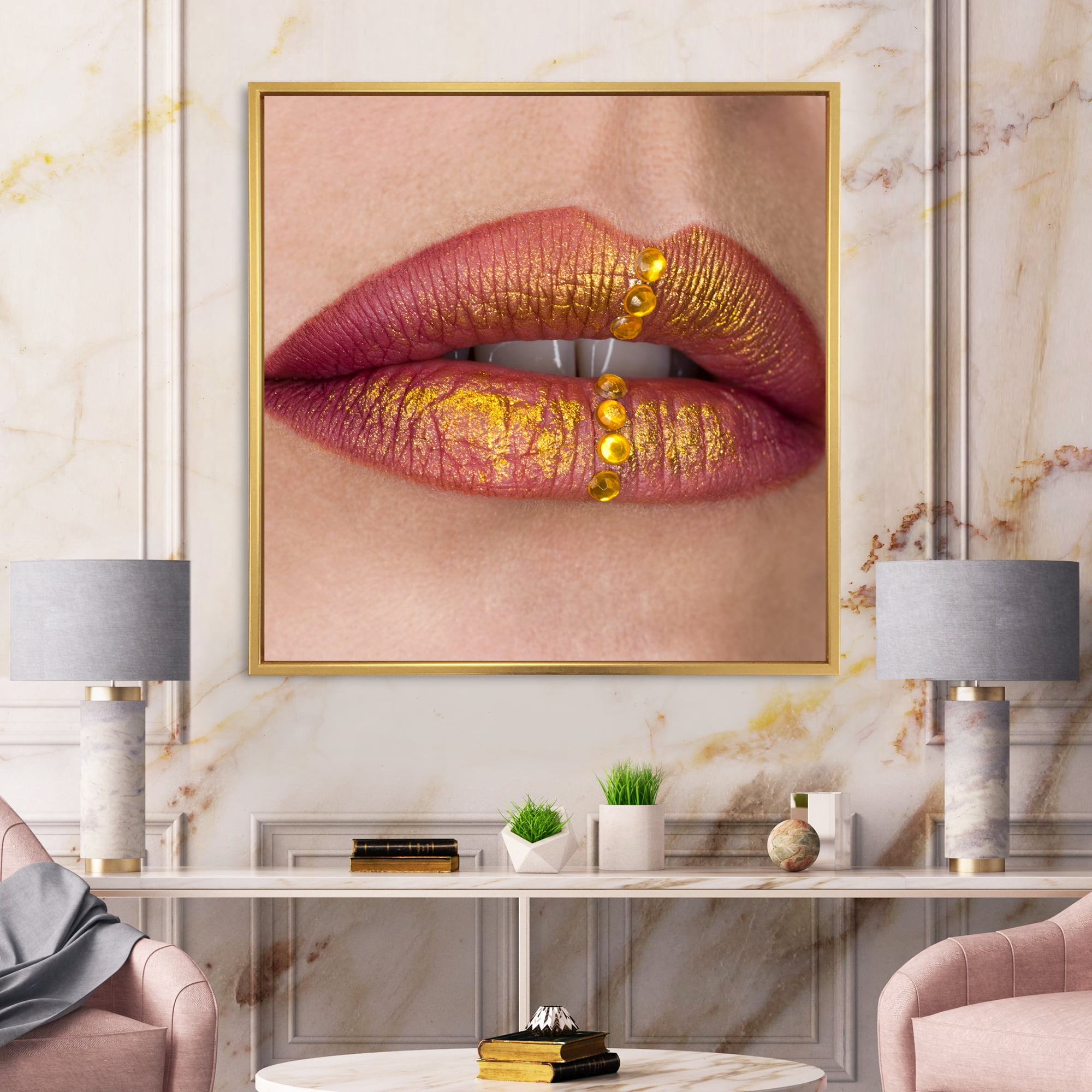 Designart 'Woman Lips Close-Up With Red Lipstick, Gold Paint' Modern Framed Canvas Wall Art Print
