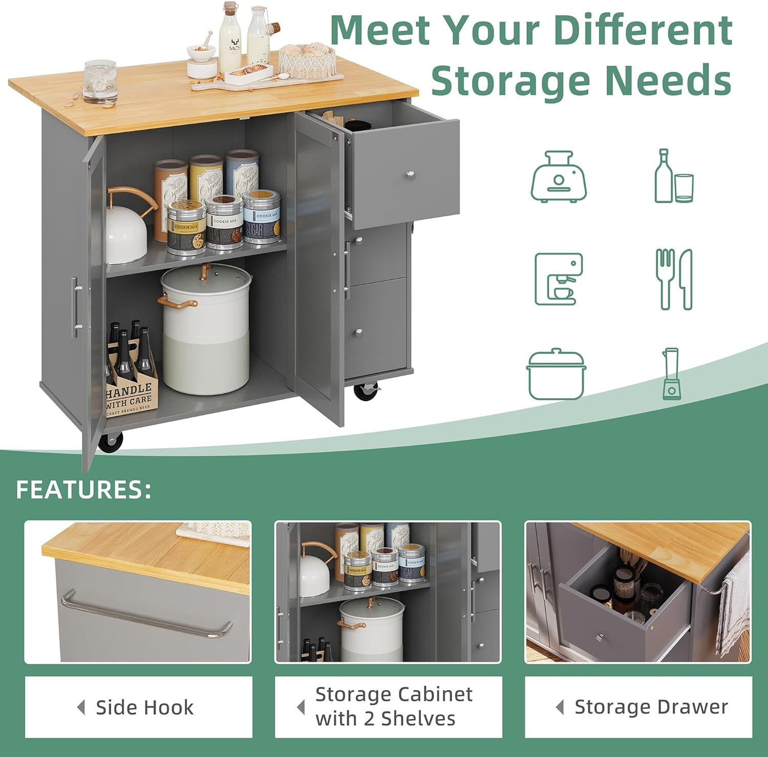 Sobaniilo Rolling Kitchen Island Cart with Folding Drop Leaf Breakfast Bar, Portable Trolley Island with Large Storage Cabinet, Shelf and Drawer, Grey