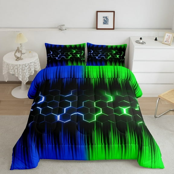 Geometric Honeycomb Comforter Set King Neon Green Blue Black Stripes Bedding Set Adult,Abstract Gradient Ombre Comforter Set Geometry Beehive Hexagon Quilt 3Pcs