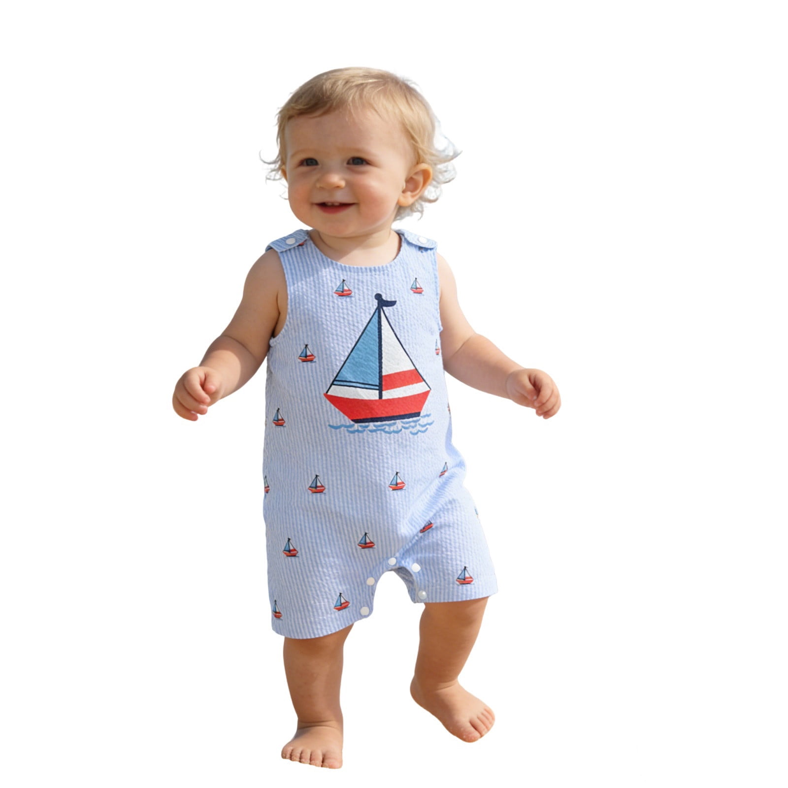 SNKSDGM Baby Sleeveless Striped Shortall, Cute Crab Dino Print Summer Romper for Baby Boys Light Blue3 6-12 Months