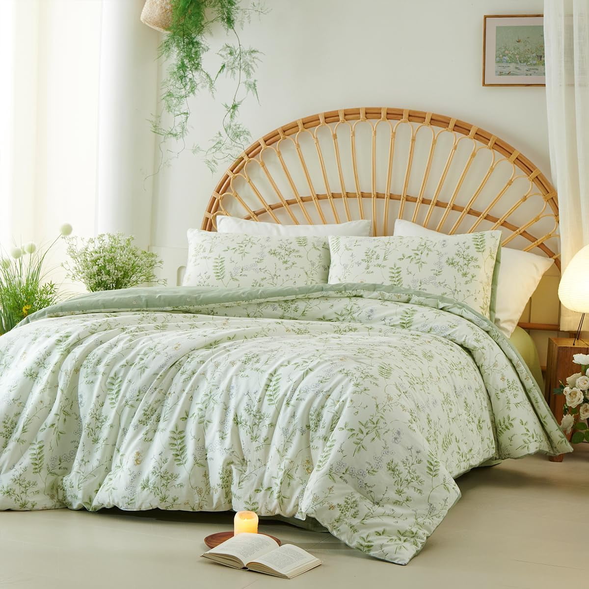 JOLUSERE Green Floral White Comforter Queen Sets, 3 Pieces Chic Garden Style Botanical Purple Floral Reversible Comforter for All Season