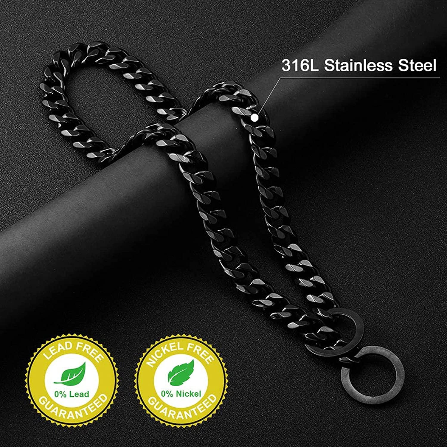 W&W Lifetime Durable Walking Dog Training Collar Black Strong Stainless Steel Cuban Link Chain 15mm for Pitbull German Shepherd and Large Dogs