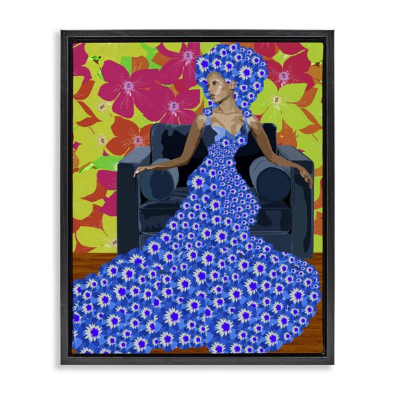 Stupell Industries Contemporary Woman In Blue Retro Floral Pattern Black Floating Frame Canvas Art, 25 x 31, by Lynnda Rakos