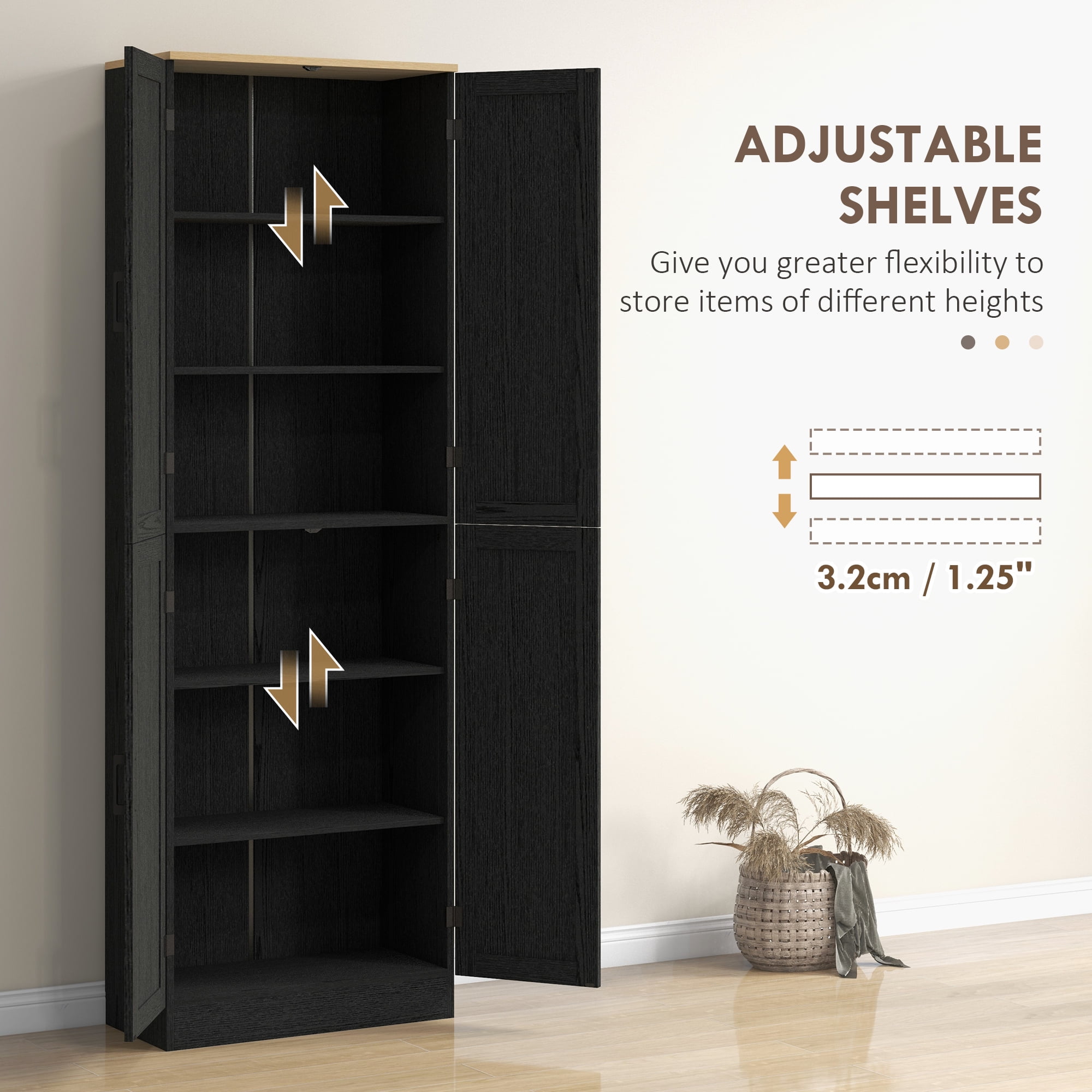 HOMCOM 67" Kitchen Pantry Storage Cabinet w/ Shelves, Distressed Black