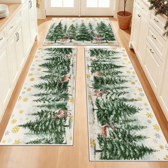 Christmas Kitchen Rugs Sets of 3, Reindeer Trees Kitchen Floor Mats, Kitchen Rugs and Mats Non Skid Washable, Low Pile Kitchen Runner Throw Rugs for Laundry Hallway Christmas Holiday Decor