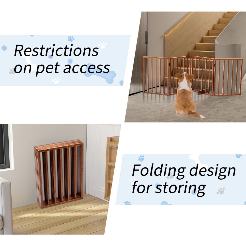 IVV 24" H Freestanding Pet Gate, 4-Panel Wooden Dog Fence with 2 Support Feet, Folding Dog Gate for Indoor, Stairs, Doorway, Halls, Kitchen Pet Barrier, Brown