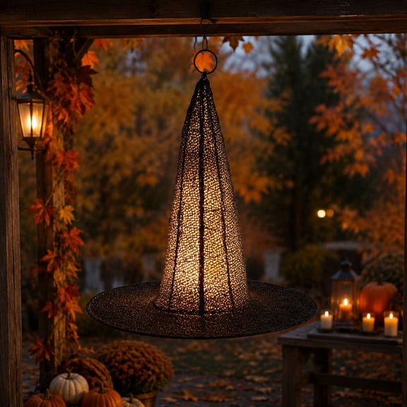 14" Halloween Witch Hat, Lighted Witch Hat Hanging Decoration, Light Up Black Hanging Wizard Hats for Indoor Outdor Halloween Party Decorations