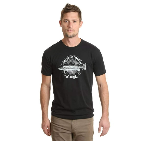 Wrangler Men's Short-Sleeve Outdoor NW Territory Fish Graphic T-Shirt (Black, Small, S)