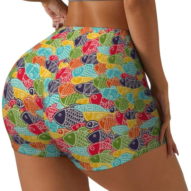 Fotbe Colorful Fish 2 Shorts Sin Costuras – Shorts Deportivos de Cintura Alta para Mujer, Elásticos para Gimnasio, Yoga, Running o Ciclismo-Medium
