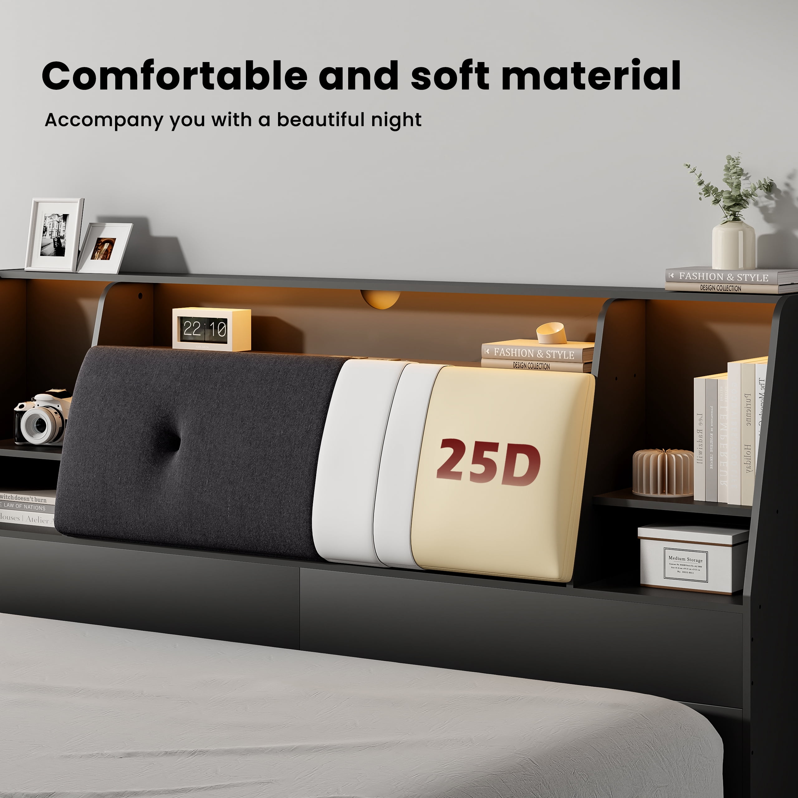 Someet 2 in 1 Queen Size Removable Upholstered Bookcase Headboard with 2 USB & 2 Type-C Port & Power Outlets & LED Light, Black