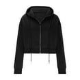 thumbnail image 4 of RYRJJ Womens Cropped Zip Up Hoodie Solid Color Short Sweatshirt Drawstring Hooded Jacket Casual Loose Outwear Coats with Pockets(Black,L), 4 of 6