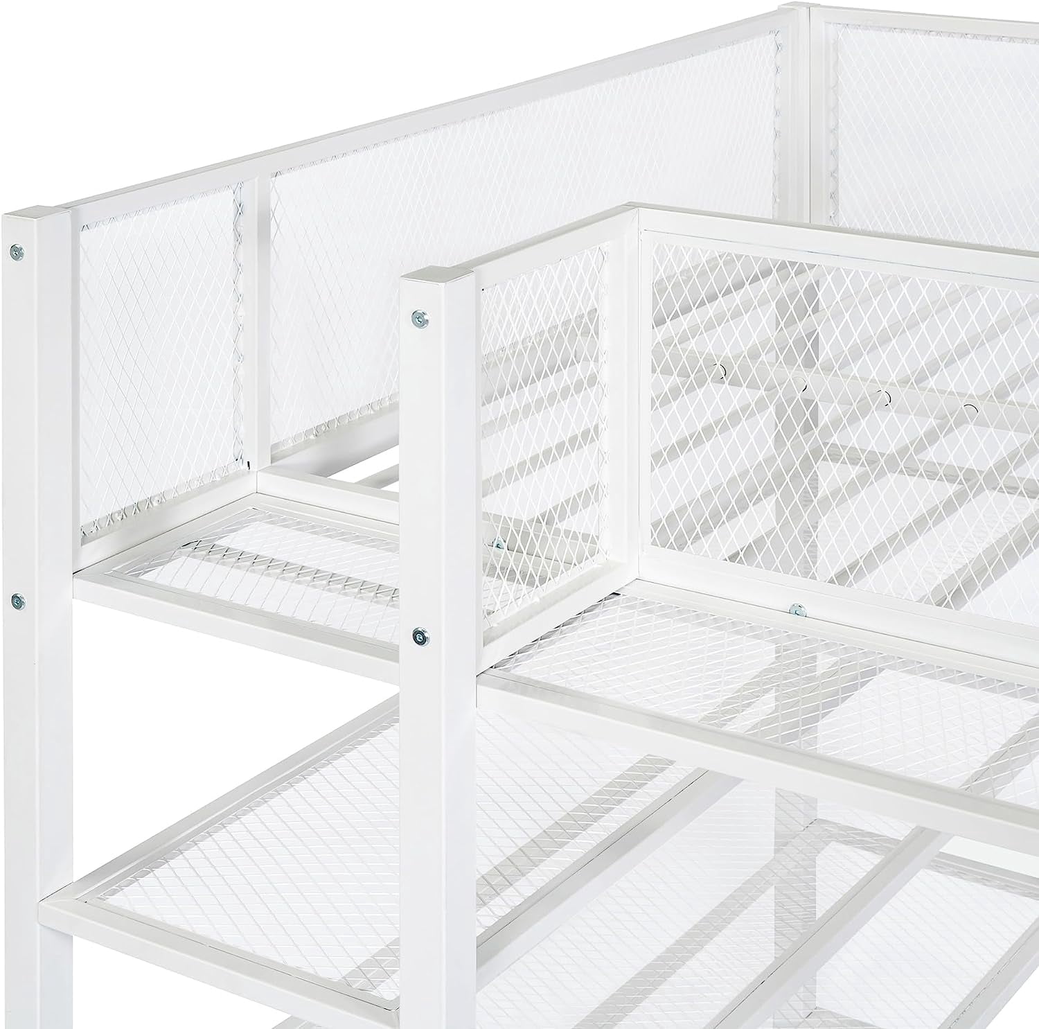 DEALTOPS Twin Size Metal Loft Bed with 4-Tier Shelves and Storage - White