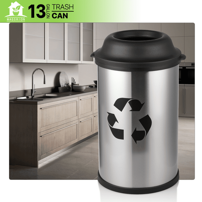 Magshion 13-Gallon Open Top Trash Can – Galvanized Steel Kitchen & Office Bin With Anti-Fingerprint Finish