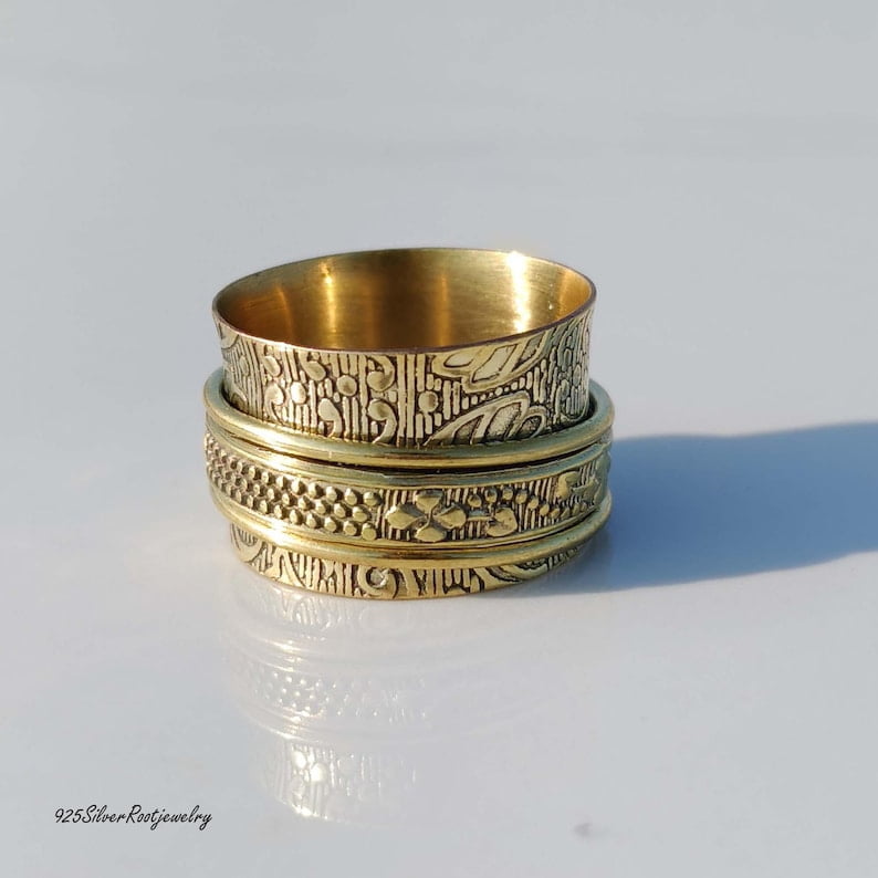 TRIDHA SILVER- Brass Spinner Ring - Wide Band Fidget Spinner Ring with Engraved Brass Band for Stress Relief Jewelry and Anxiety Meditation Focus Tool