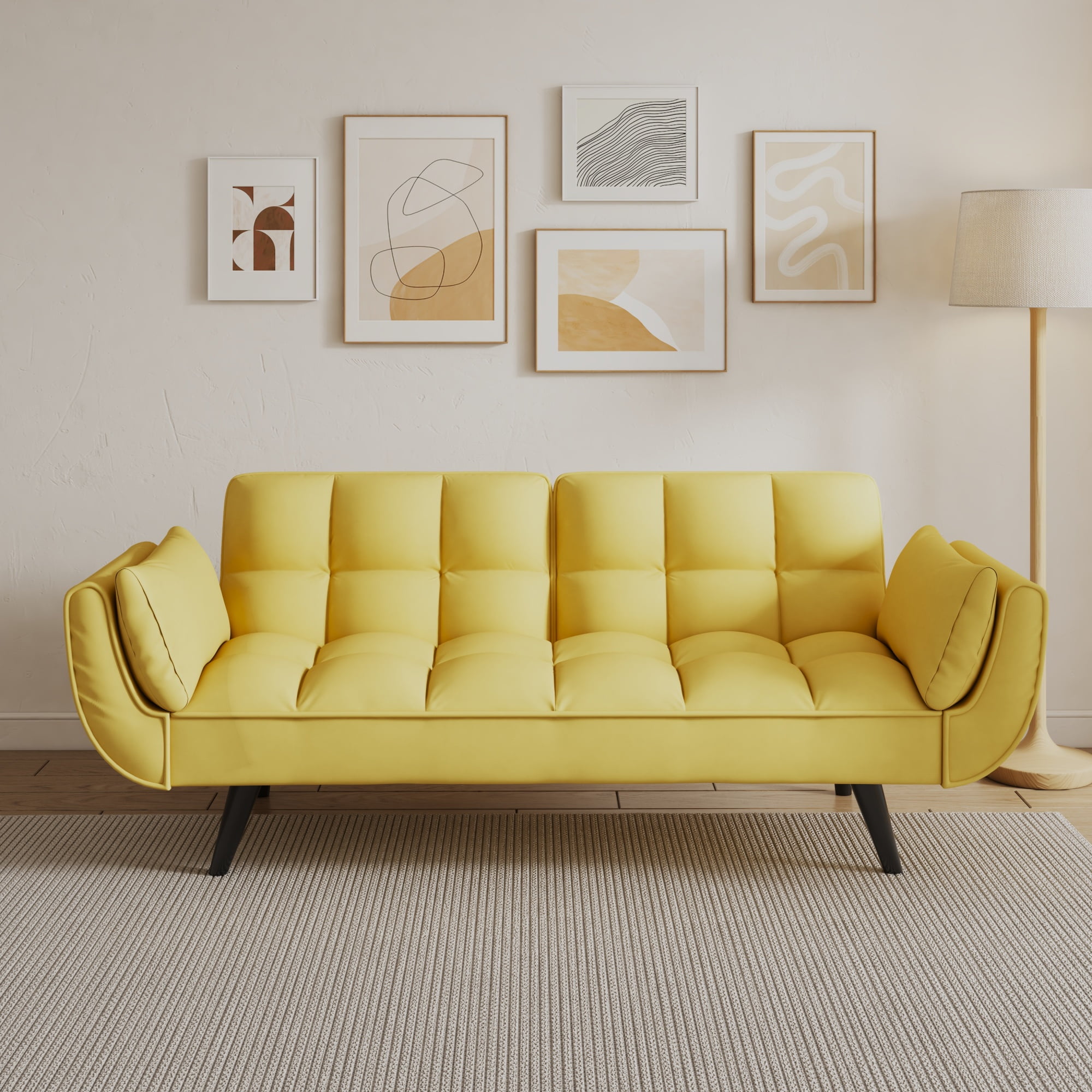 Leumius 74" Modern Loveseat Sofa for Living Room,Velvet Futon sofa bed with Adjustable Back & with 2 Throw Pillow for Bedroom,Small Spaces,Yellow