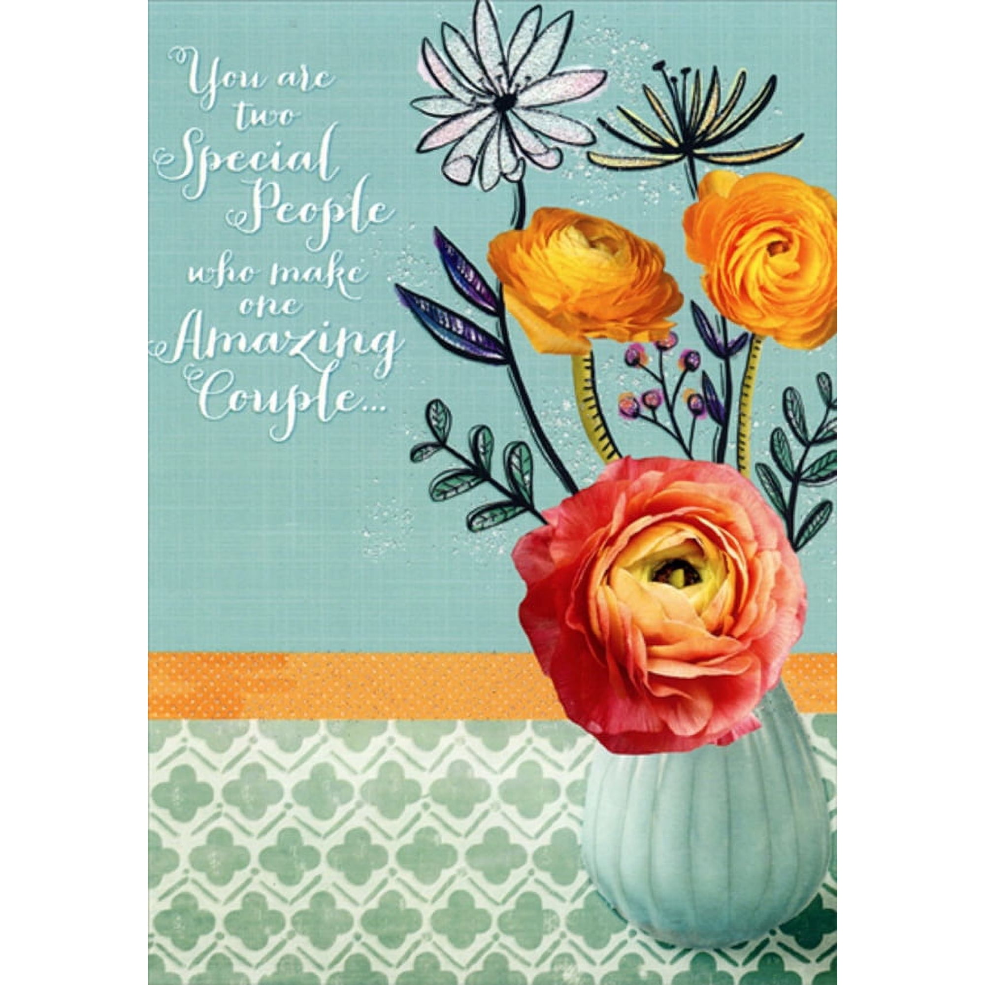 Designer Greetings Orange Pink and White Flowers in Blue Vase Anniversary Congratulations Card for Couple