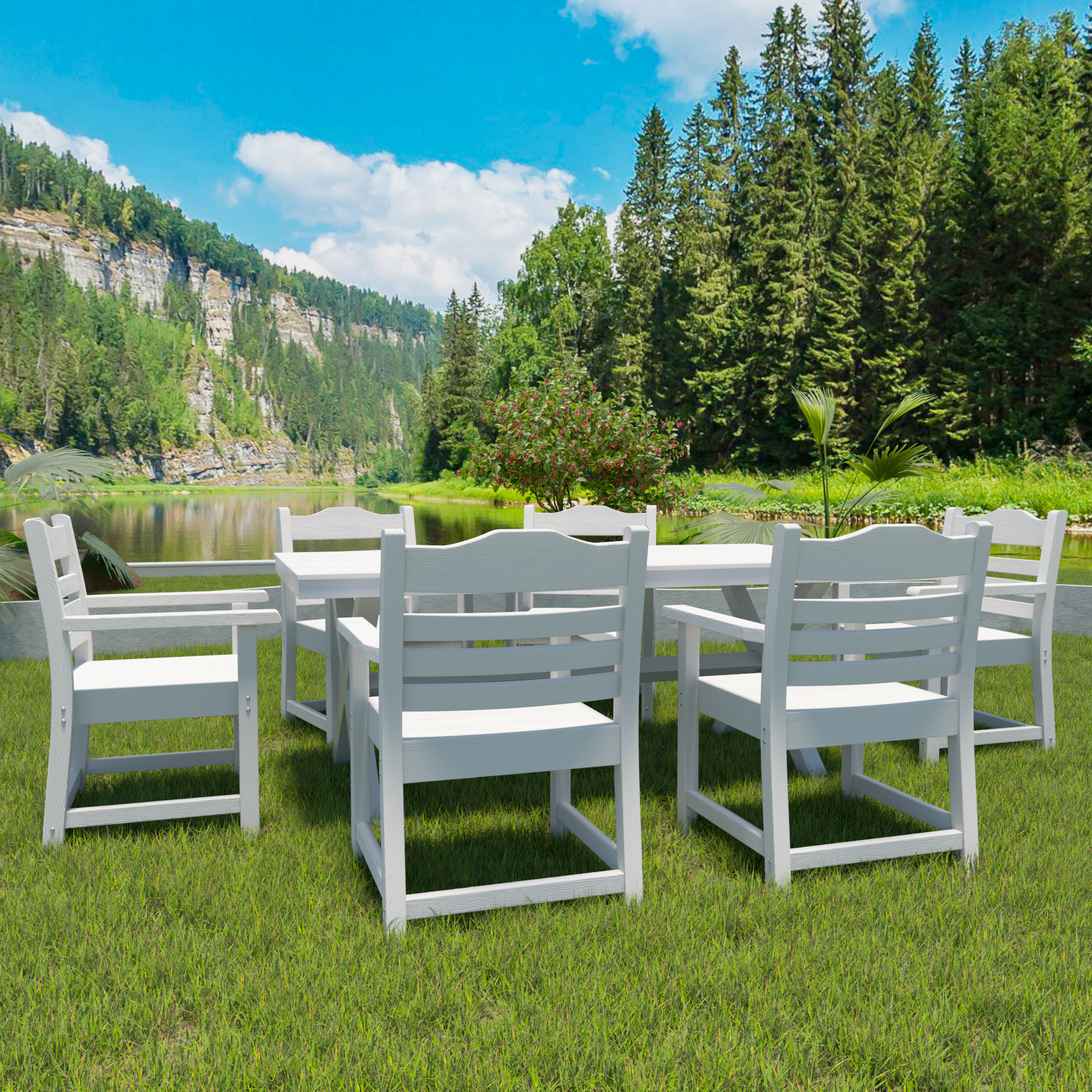 Patio Dining Chair with Arms Set of 2, Pure White with Imitation Wood Grain Texture for Deck Pool, White