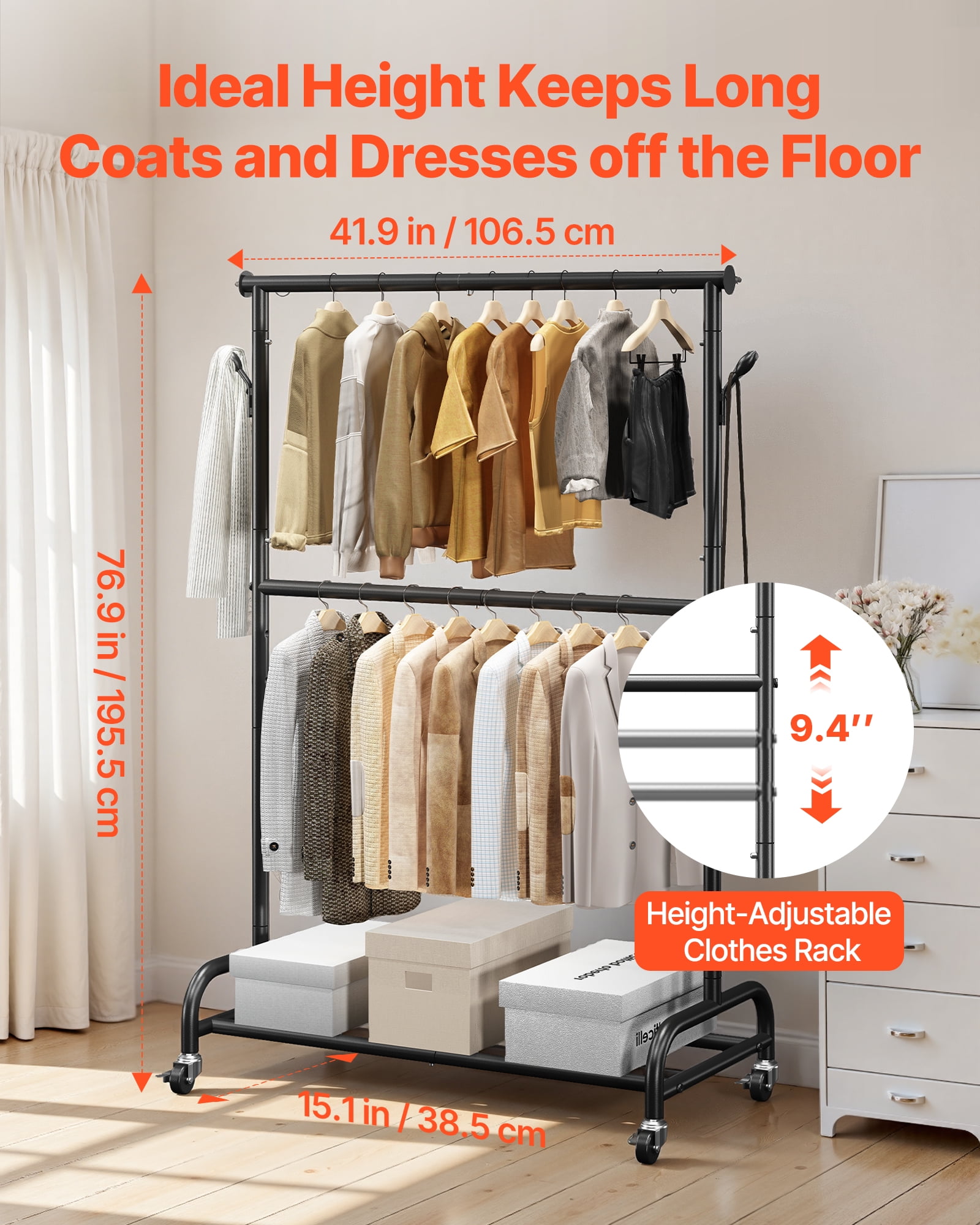 VEVOR Clothes Rack, Rolling Clothing Garment Rack with Adjustable Crossbar and Side Hooks, 150 lbs Load Capacity, Heavy Duty Carbon Steel Clothing Racks with Wheels for Bedroom, Laundry, Living Room