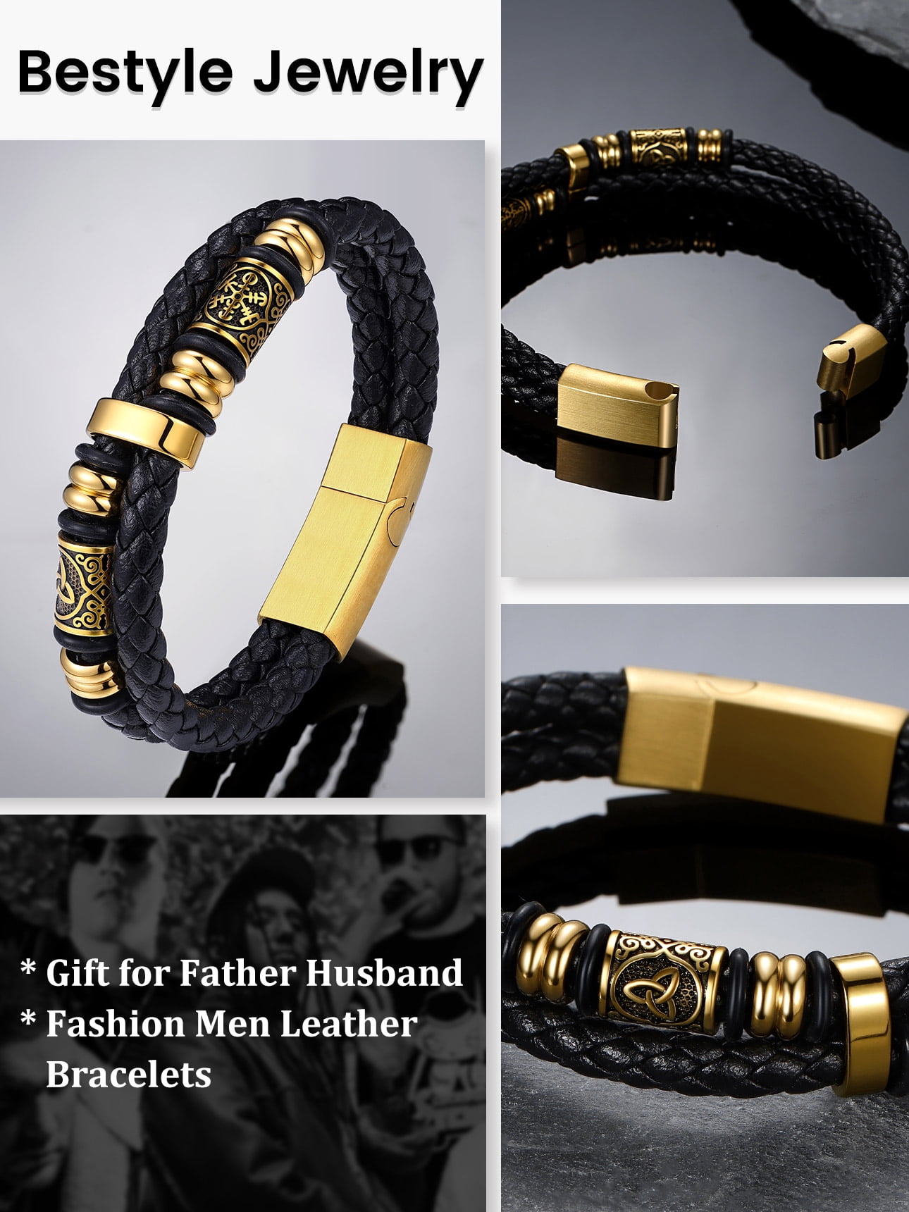Bestyle Gold Plated Leather Bracelets for Men, Fashion Stainless Steel Celtic Beaded Wristband Gifts for Birthday Valentine's Day, 8.3 Inch