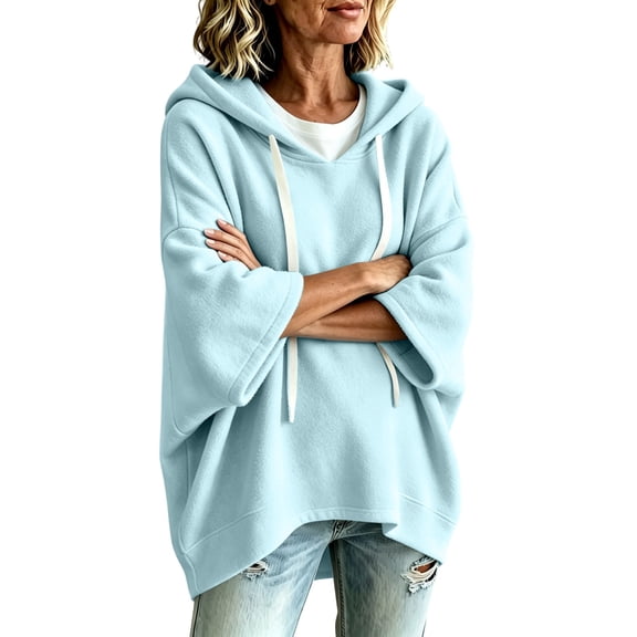 AKOEE Women's Oversized Hoodie Plus Size Batwing 3/4 Sleeve Hooded Sweater Loose Drawstring Plain Sweatshirts (2XL, Sky Blue)
