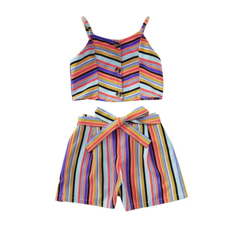

Girls Outfits Striped Printed 2 PCS Tops Shorts With Belt Baby Kids Fashion Lovely Simple Home Wear Outdoor Children s Day Gifts