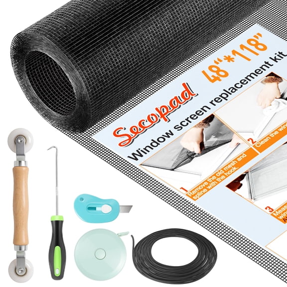 Window Screens Replacement Repair Kit, 48in x 118in Extended Size Screen Door Mesh Replacement Kit, Durable Fiberglass Mesh Screen Roll with Tools for Windows Doors Patio and Porch Screens, Black