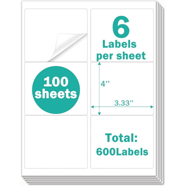 shiyou-3.33" x 4" Premium Shipping Address Labels White Sticker Papers for Inkjet & Laser Printer Self-Adhesive Mailing Labels Writable Tags, 8.5"×11" 6 Labels per Sheet (100 Sheets, 600 Labels)