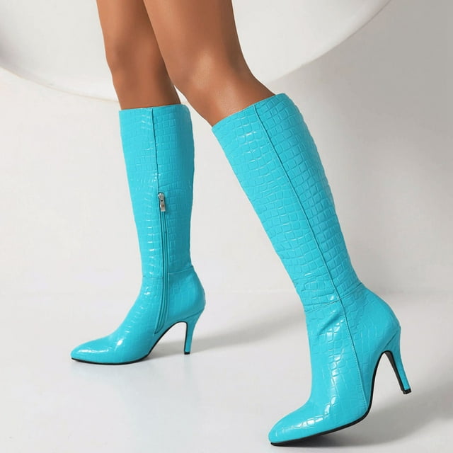 EGNMCR Knee High Boots Autumn/winter Candy-coloured Side Zipper Embossed High Heel Boots for Ladies