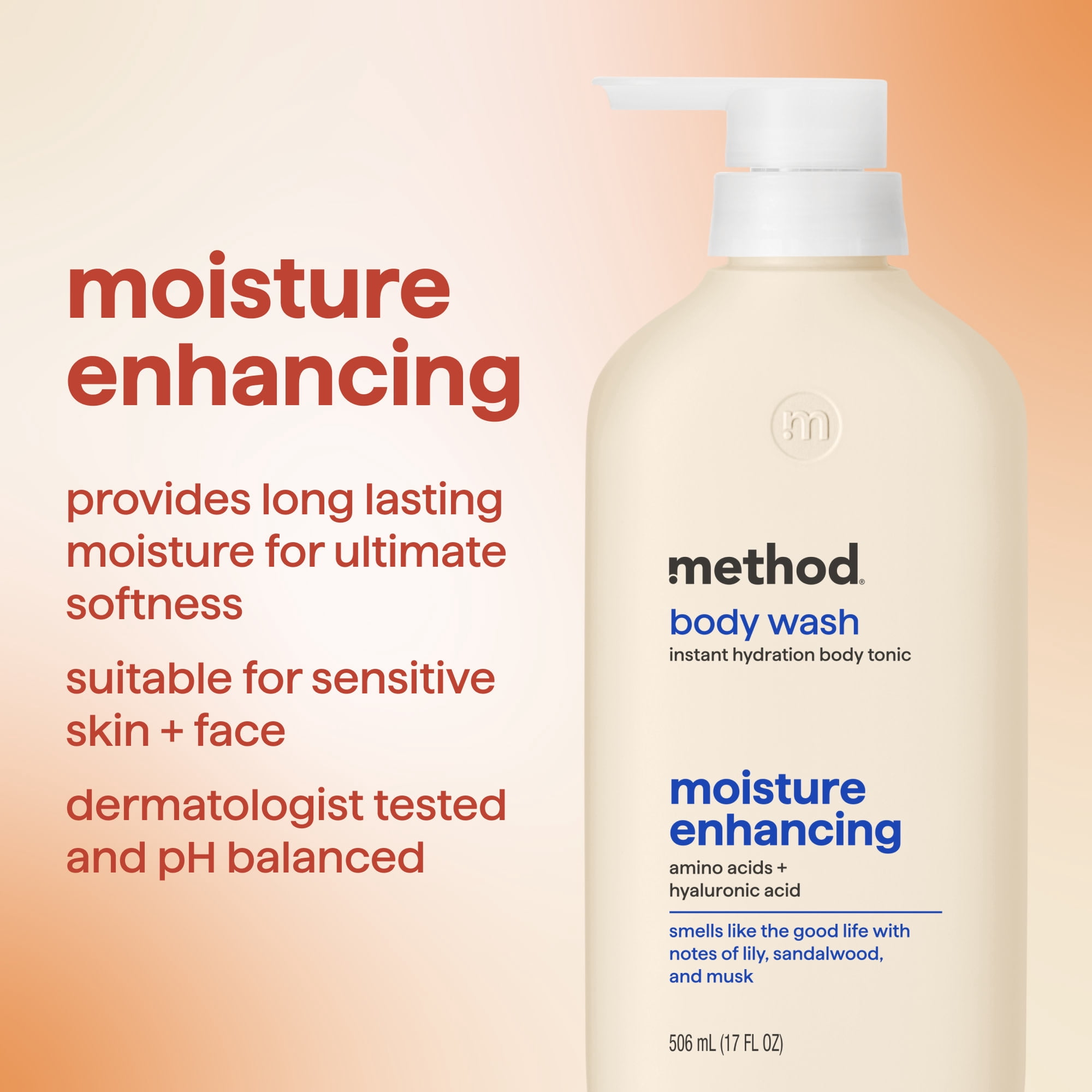 method body wash tonic, moisture enhancing, amino acids + hyaluronic acid - lily, sandalwood, and musk​, 17 fl oz