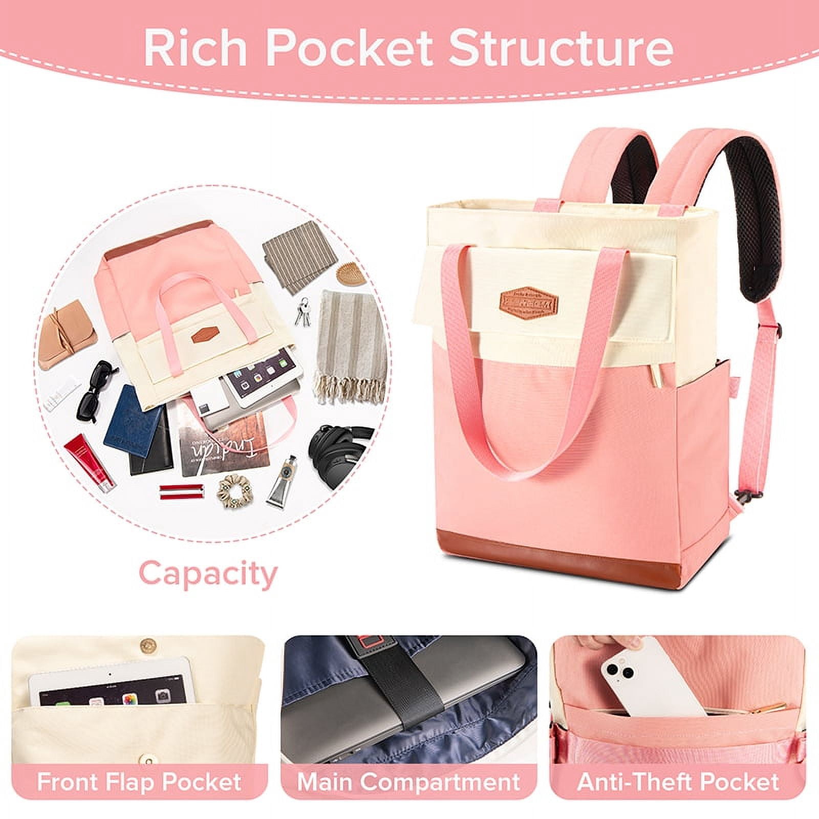 Laptop Backpack for Women, 15.6 Inch Tote Bag with Compartments & Backpack Strap, Waterproof Canvas Backpack Purse Casual Stylish, Lightweight Daypack for College, Work, Travel, Shopping